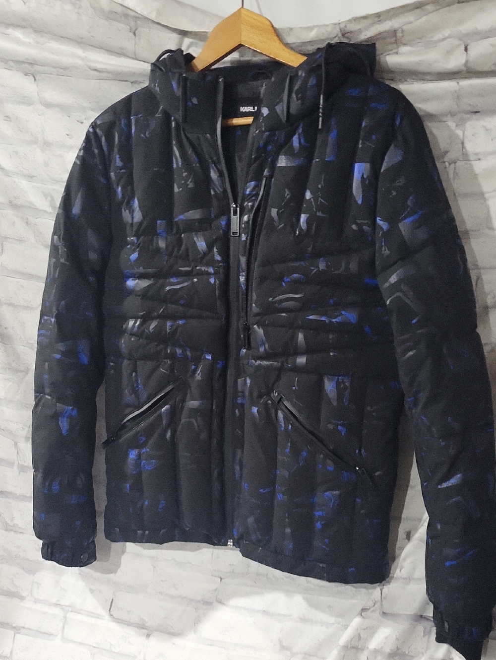 KARL LAGERFELD Black & Blue Quilted Hooded Jacket